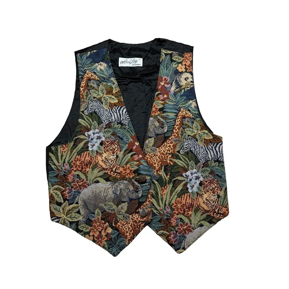 Ann Loy Vintage 90s Tapestry Vest Womens Small Jungle Safari Animal Print Boho